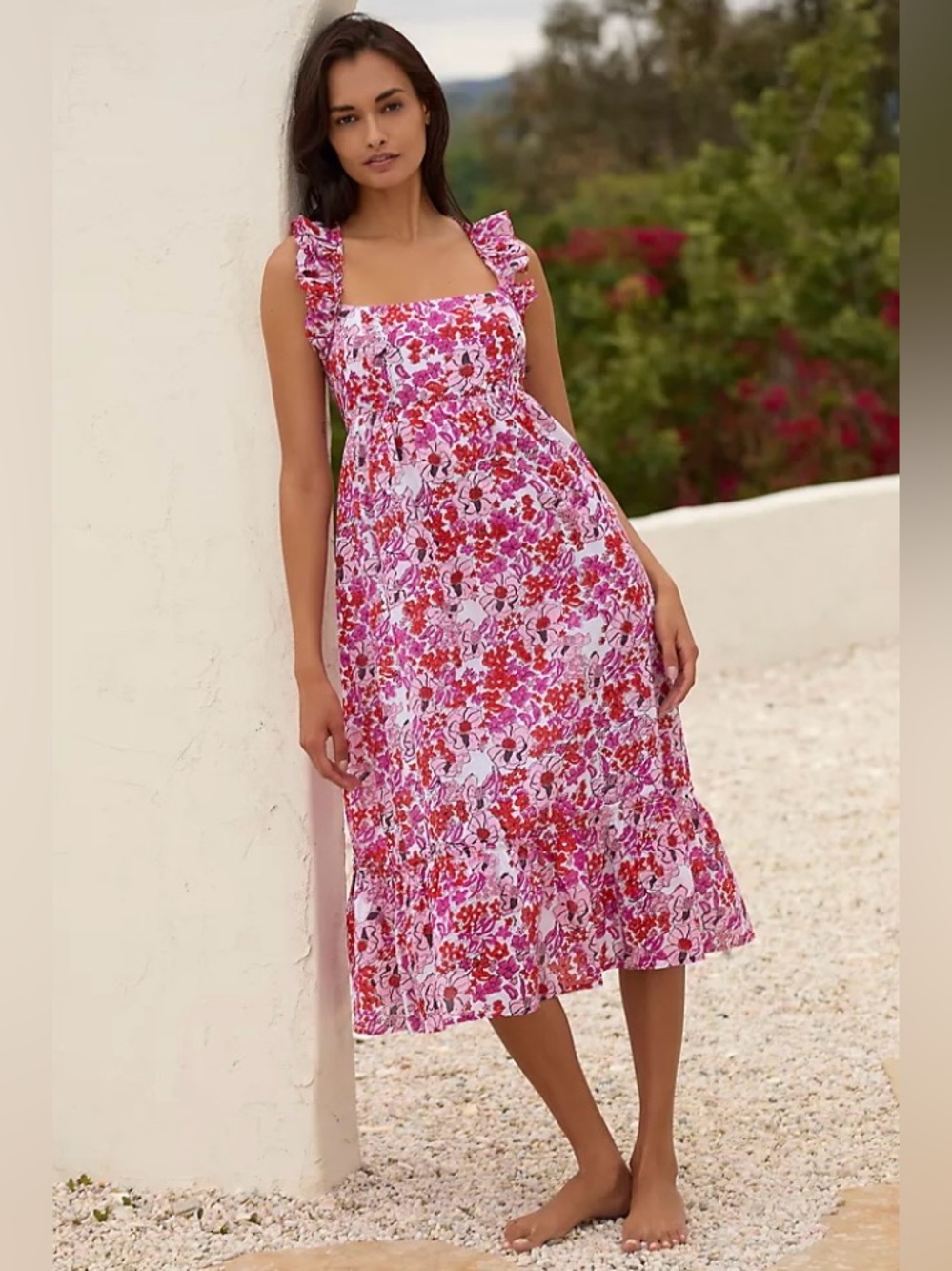 Ro’s Garden Becky Midi Dress Pink Floral Smocked Ruffle Strap Small